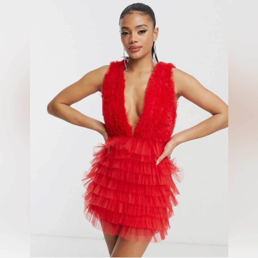 UK Based-Lace & Beads heart cut-out back tulle mini dress in red,Size M-LIKE NEW - Picture 1 of 4